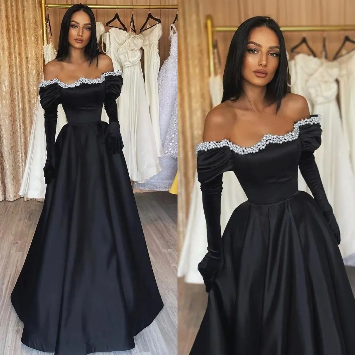 Elegant Black Prom Dress: Off-the-Shoulder A-Line Evening Party