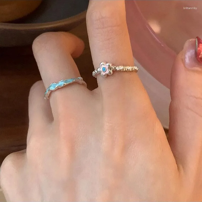 Cluster Rings VENTFILLE 925 Sterling Silver Flower Dropwise Glaze Bead Ring For Women Girl Korean Trend Cute Jewelry Gift Drop