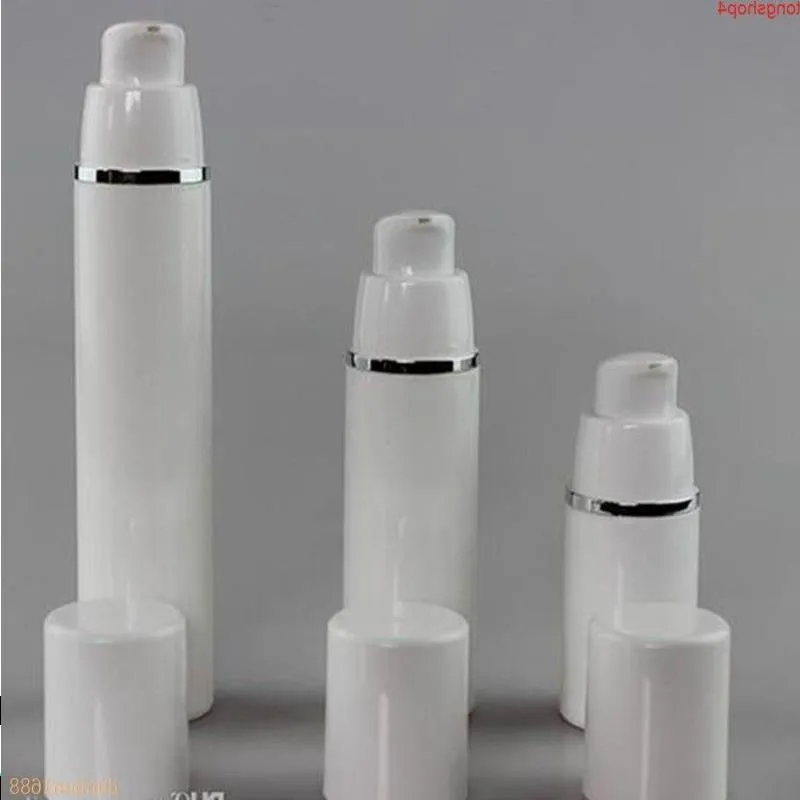 15 ml 30 ml 50 ml Pure White Cylindrical Silver Edge Cosmetic Packing Containrar Plastic Emulsion Airless Pump Bottle#213Goods Jxveb