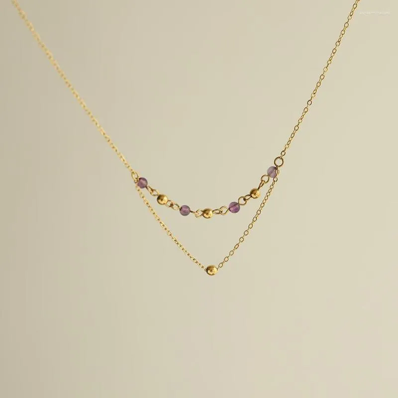 Colares pendentes de aço inoxidável de aço saques de cristal roxo de duas camadas Colar simples Colar de alta qualidade 18k Mulheres jóias de colarinho de colarinho