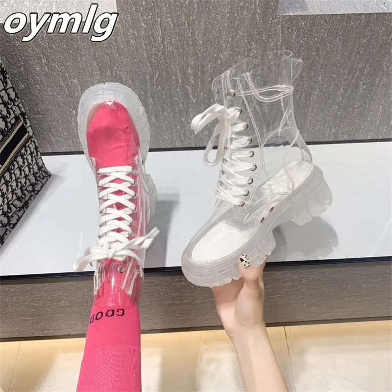 Stövlar Fashion Boot S Autumn Winter Lace Up Transparent Net Red Sponge Cake Jelly Thick Soled Ankle 230821