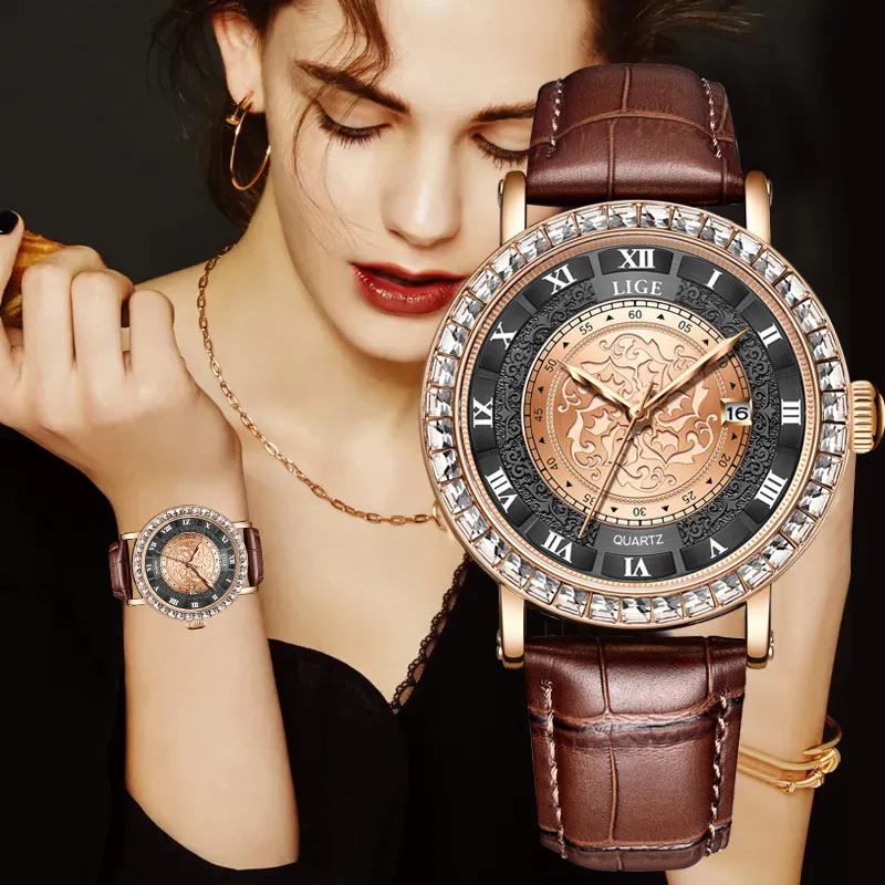 Zegarstka Lige Oryginalne damskie zegarek Top Luksusowe zegarki modowe panie wodoodporne skórzana bransoletka kwarc Kobieta na rękę Montre femme 230820