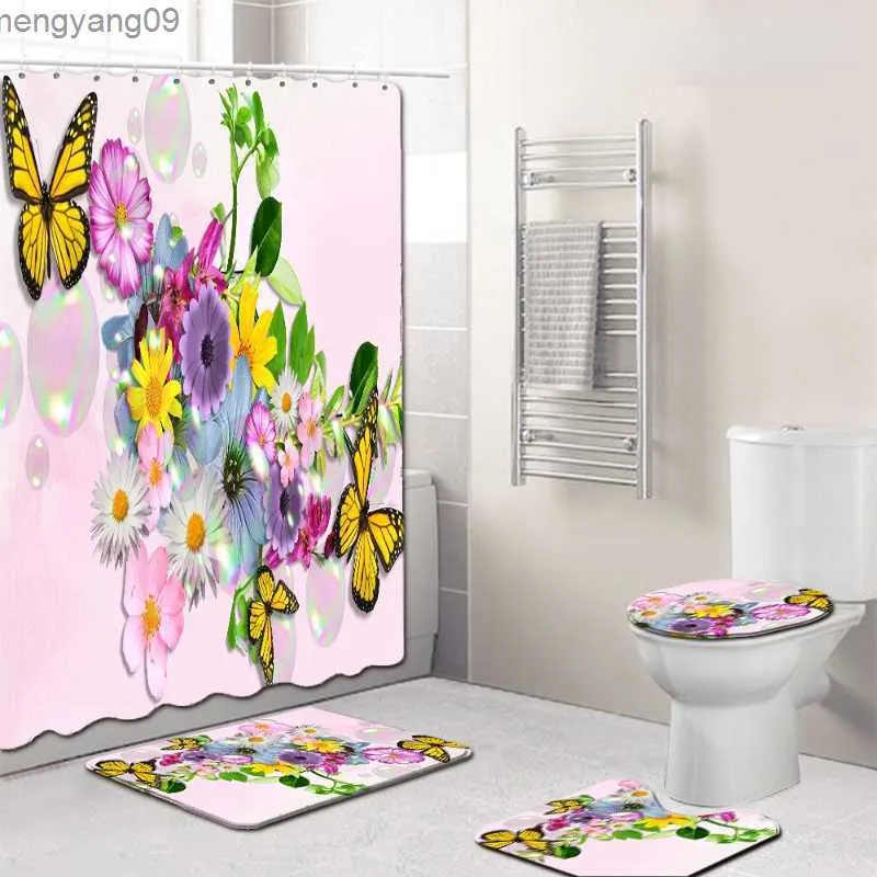 Душевые занавески Home Purple Flower Butterfly Водонепроницаемая для печати занавеска для душа 4 шт.