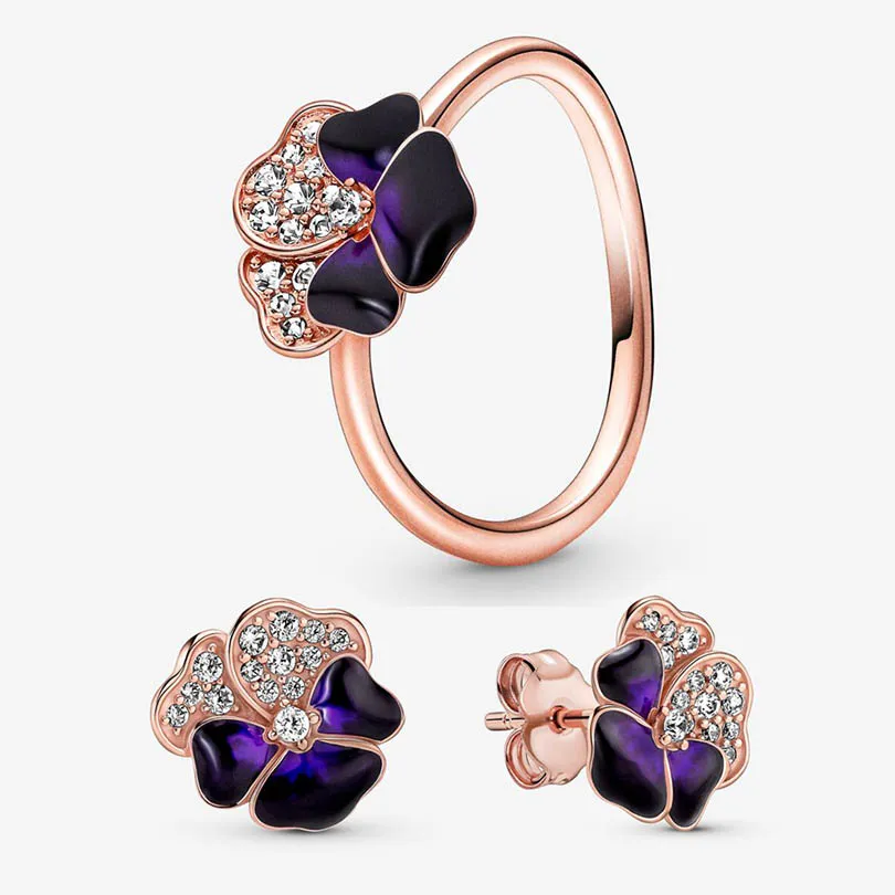Deep Purple Pansy Flower Ring Stud Earrings Set for Pandora 18K Rose Gold designer Jewelry set for Women Girls Luxury REAL Silver Earring and Rings with Original Box