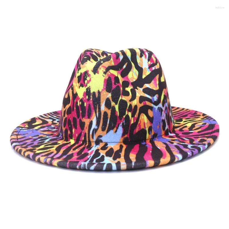 Bérets rose léopard avec fond noir 2 tons Pactchwork laine feutre Fedora chapeaux femmes unisexe large bord Jazz fête casquette formelle