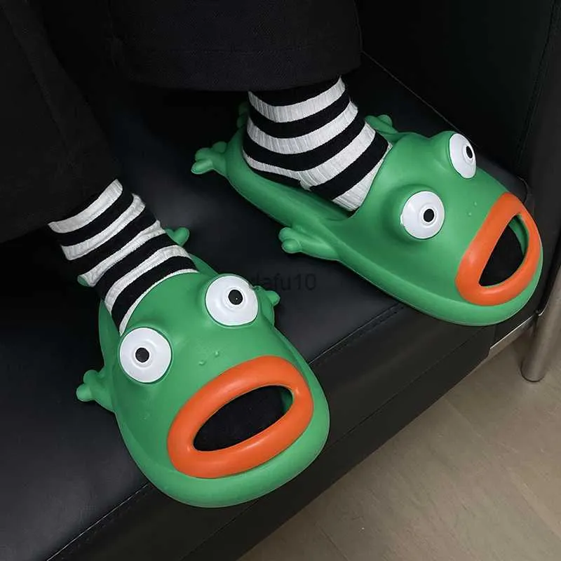 Slippers Women's Slippers Interest Green Frog Slippers Indoor Home Beach Shoes Soft Soled Slippers Non-slip Cute Cartoon Frog Shoes Mules HKD230821