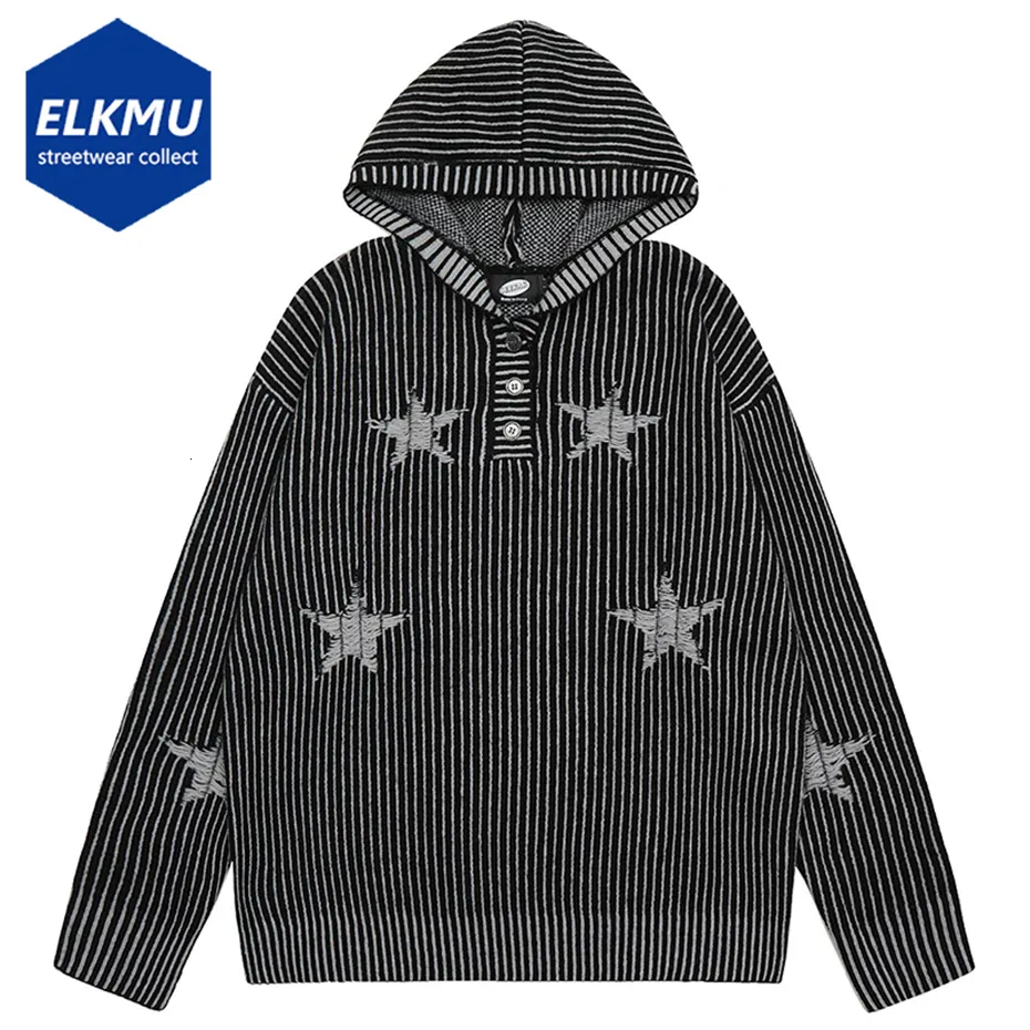 Sudaderas con capucha para hombre Hip Hop Star Sweater Hombres de gran tamaño con capucha de punto Harajuku Streetwear Y2K Loose Pullover Black 2023 230821