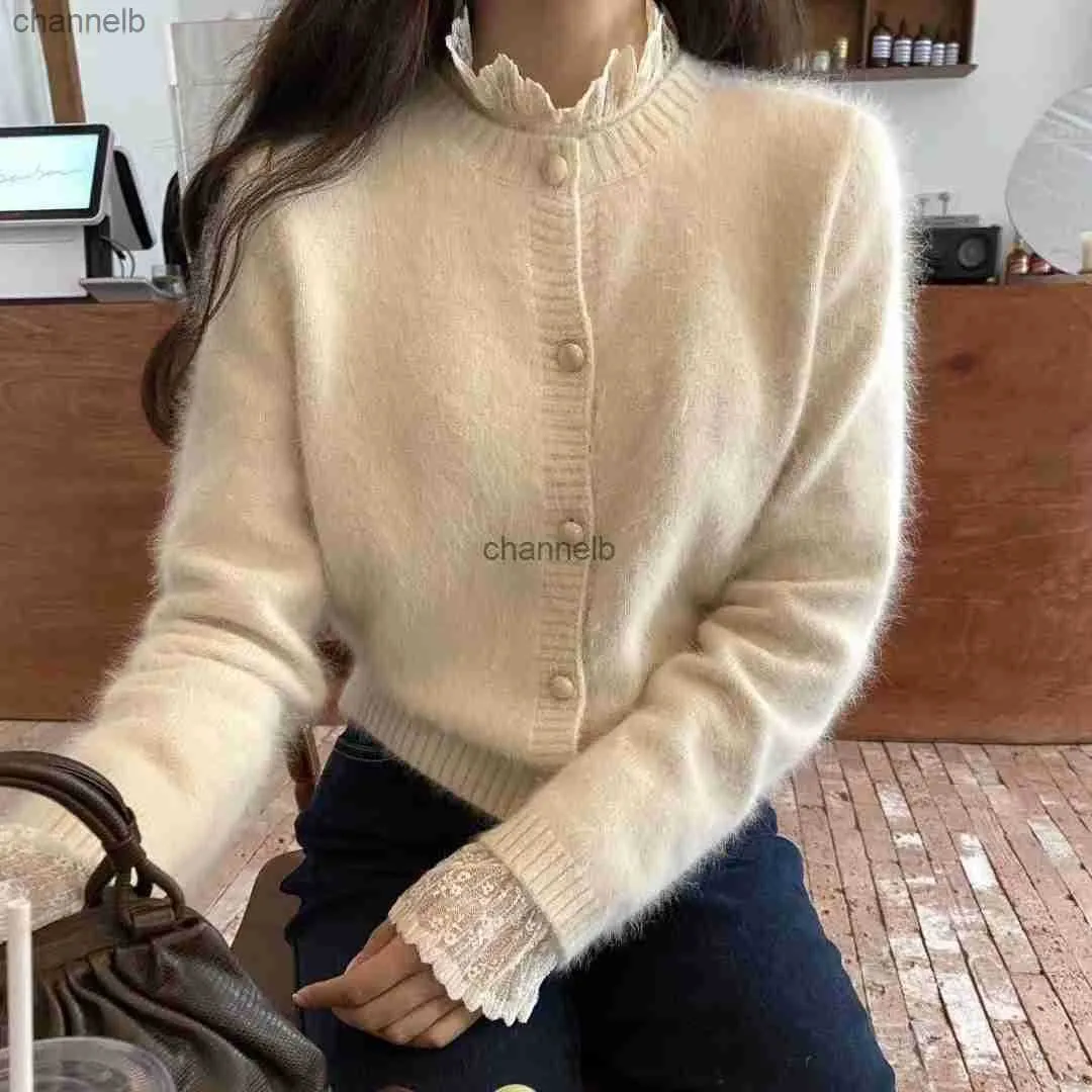 Magliette da donna Tees Chic Style Mink Mink Donne maglione maglia a maglia elegante a maniche lunghe Single Single All Match Knit Giacca a maglia Mohair Solid Outwear I979 HKD230821