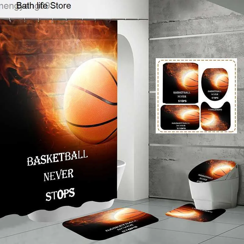 Shower Curtains Basketball Football Digital Printing Shower Curtain Bathroom Partition Curtain Toilet Curtain Floor Mat 4 Piece Set R230821