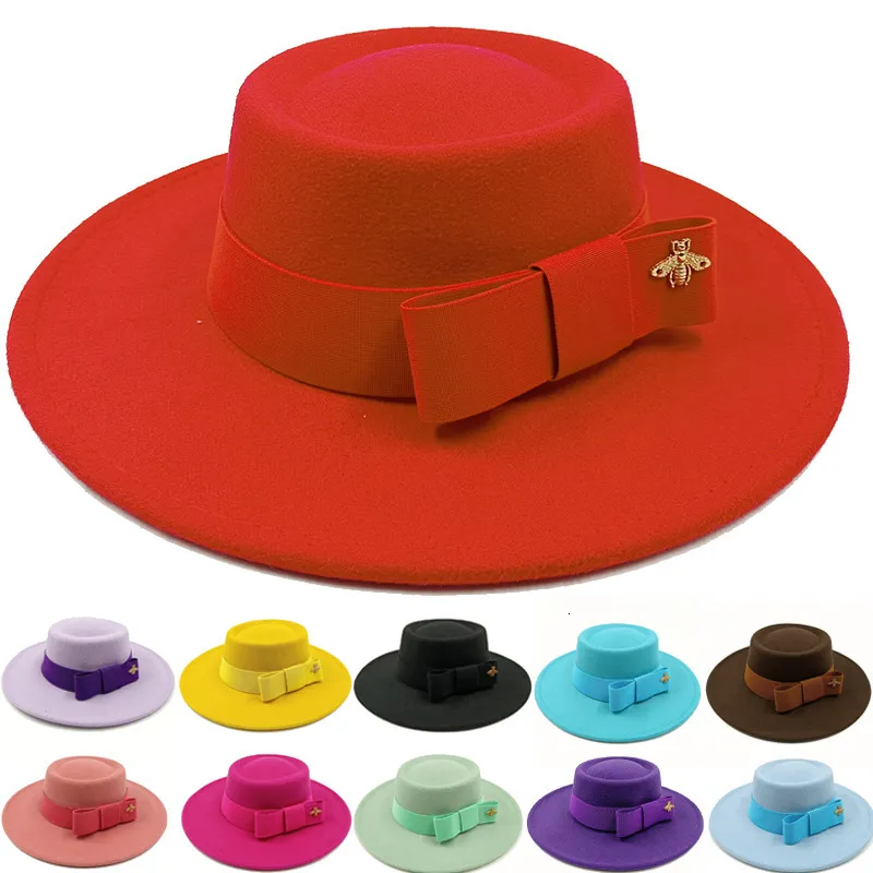 Wide Brim Hats Bucket Bow Tie Fedora Hat Winter Round Bumpy Surface Flat Top Elastic Band Mens and Womens Red Jazz 230821