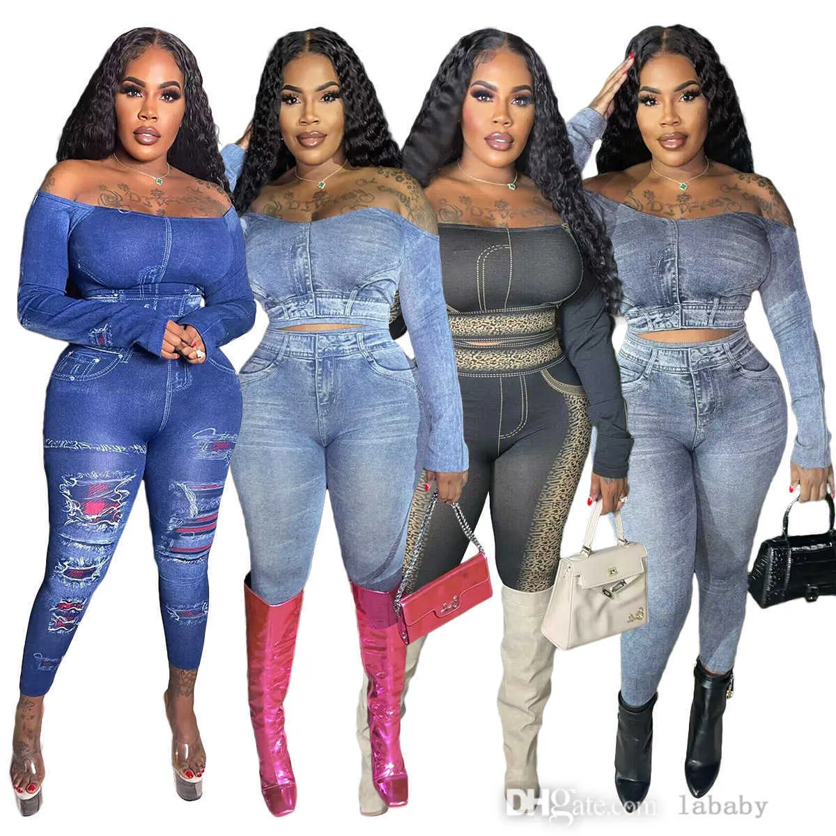 2023 Ny Autumn Denim Two Piece Set Women Highstreet Tracksuits Fashion Printing Slash Neck Long Sleeve Jeans Top and High midje tights byxor 2st.