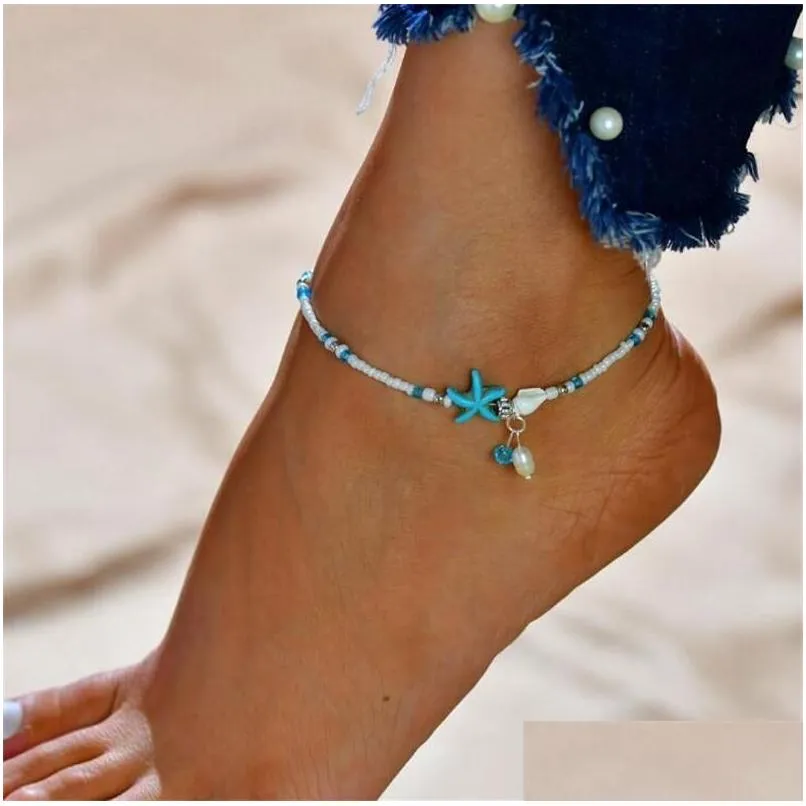 Anklets Boho Freshwater Pearl Charm Women Sandals Beads Ankle Bracelet Summer Beach Starfish Beaded Bracelets Foot Jewelry Drop Deliv Dhsas