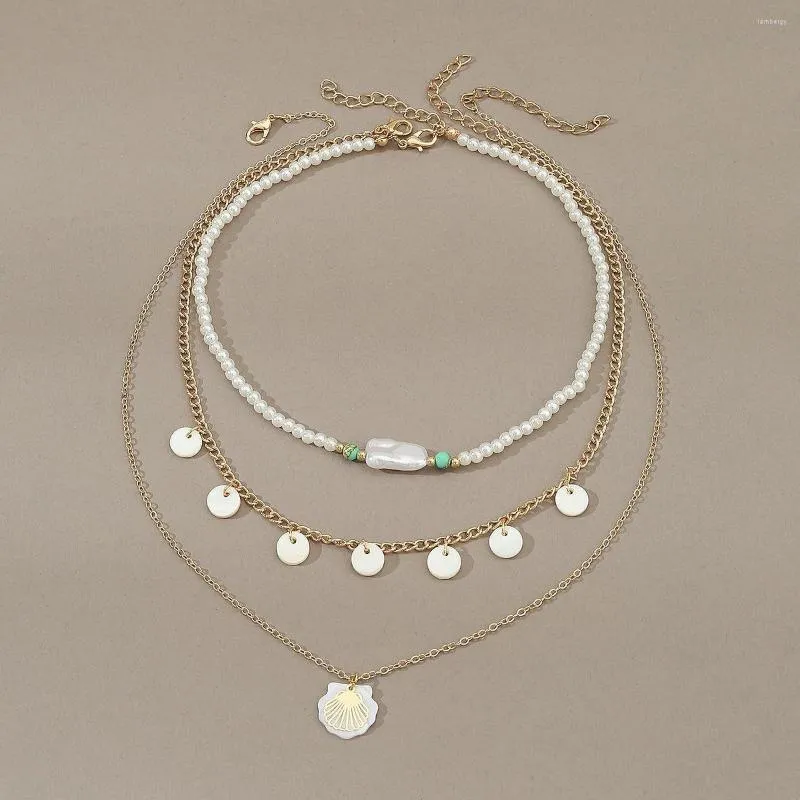 Catene modello a tre strati perle da collana per perle a catena girocollo disco rotondo a colori dorati Penderant per le donne regali con pearl party
