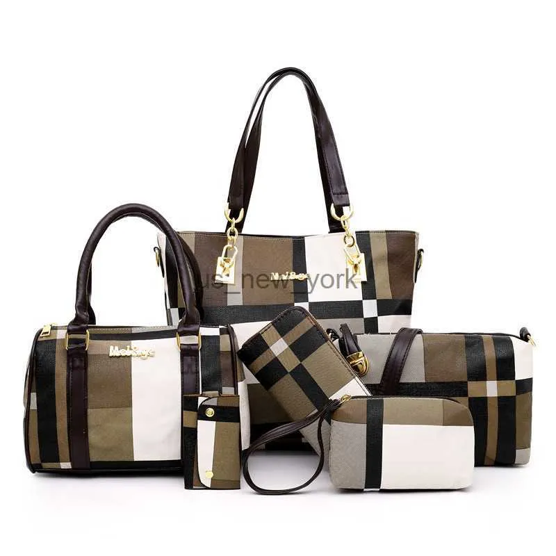 Evening Bags 6PCS Women's Bag Set Fashion PU Leather Ladies Handbag Grid Print Messenger Shoulder Bag Wallet Bags Famous brand 2022 HKD230821