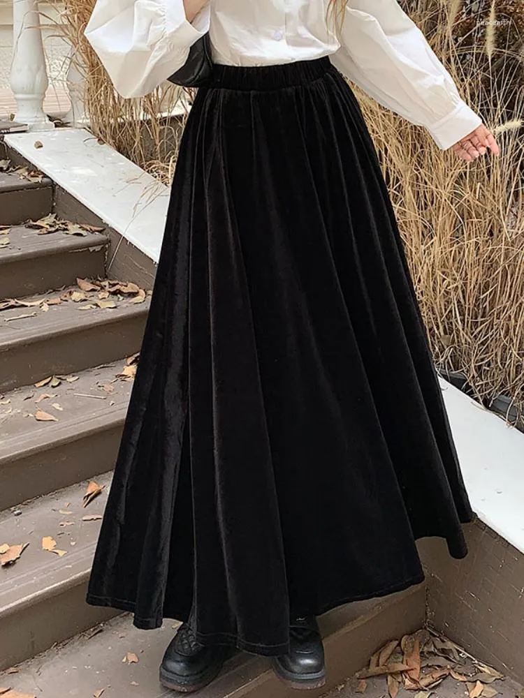 Skirts Qiukichonson Mid Long Velvet Skirt Women Maxi 2023 Autumn Winter Korean Casual High Waisted Black Pleated Rok