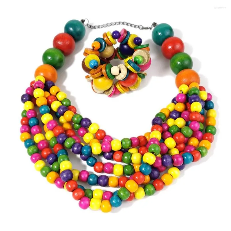 Necklace Earrings Set Bohemian Layers Wood Beads Colorful Big Beaded Chains Choker Chunky Bracelet African Sets 2023 UKEN