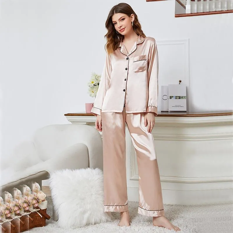 Vetements De Nuit Pour Femmes Printemps Ete Imitation Soie Pyjamas A Manches Longues Col Polo Cardigan Pantalon Deux Pieces Ensemble Decontracte Maison Vetements Du 15 16 DHgate