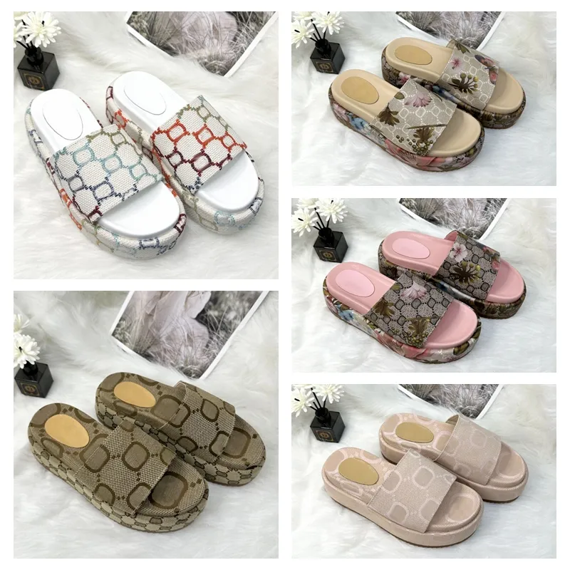 2023 womens slippers fashion embroidered canvas designer slides slip mens 60mm Canvas covered platform sandals