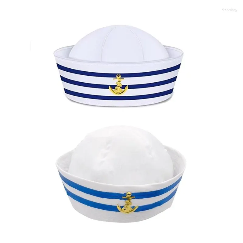 Berets Teens Adult Sailor Hat With White&amp;Blue Stripe Captain Navy Style  Halloween Cosplay Embroidery Anchors