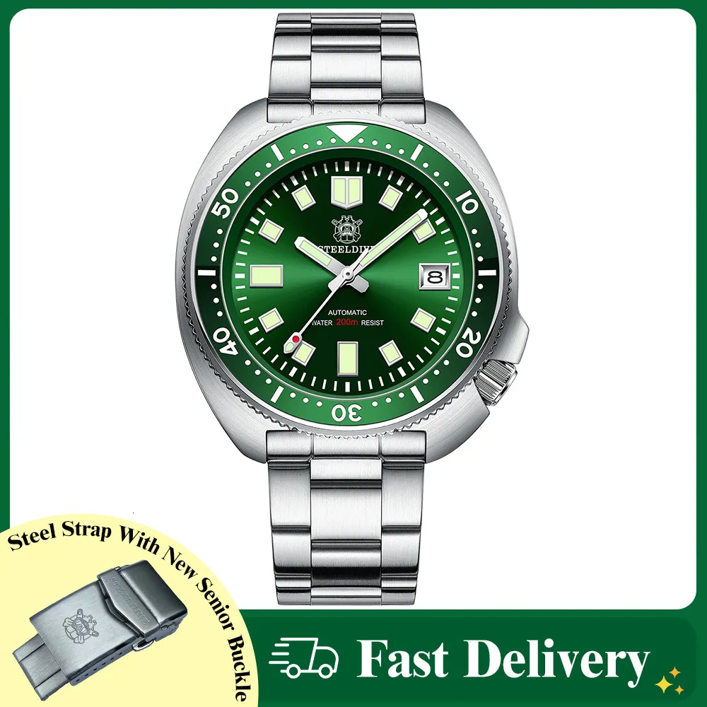 Wristwatches Steeldive SD1970 White Date Background 200M Wateproof NH35 6105 Turtle Automatic Dive Diver Watch 230820
