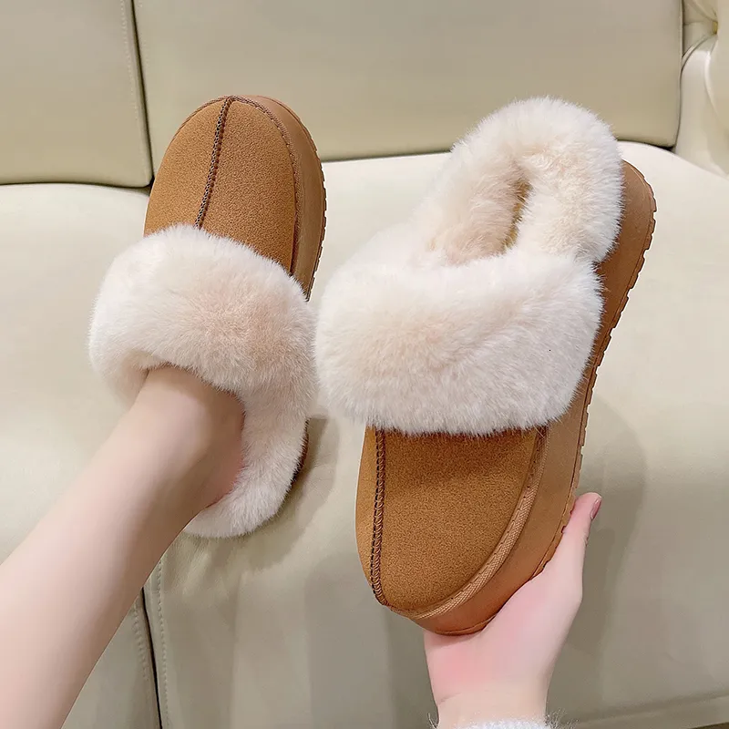Womens Winter Fur Lined Slipper Shoes With Chunky Platform