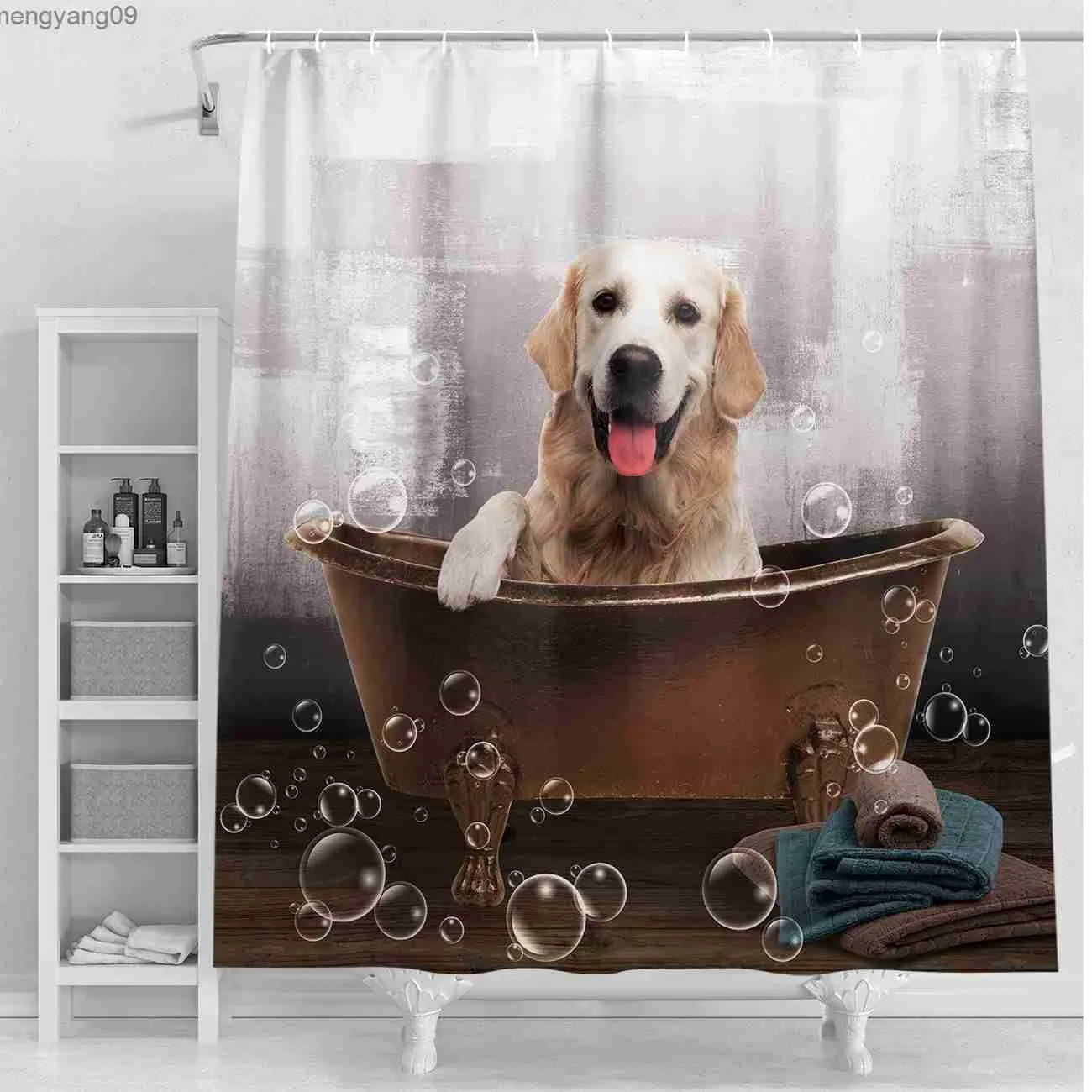 Rideaux de douche drôle chien rideau de douche aquarelle Golden Retriever chien mignon drôle humoristique chien de compagnie coloré chien salle de bain rideaux de douche ensembles R230821