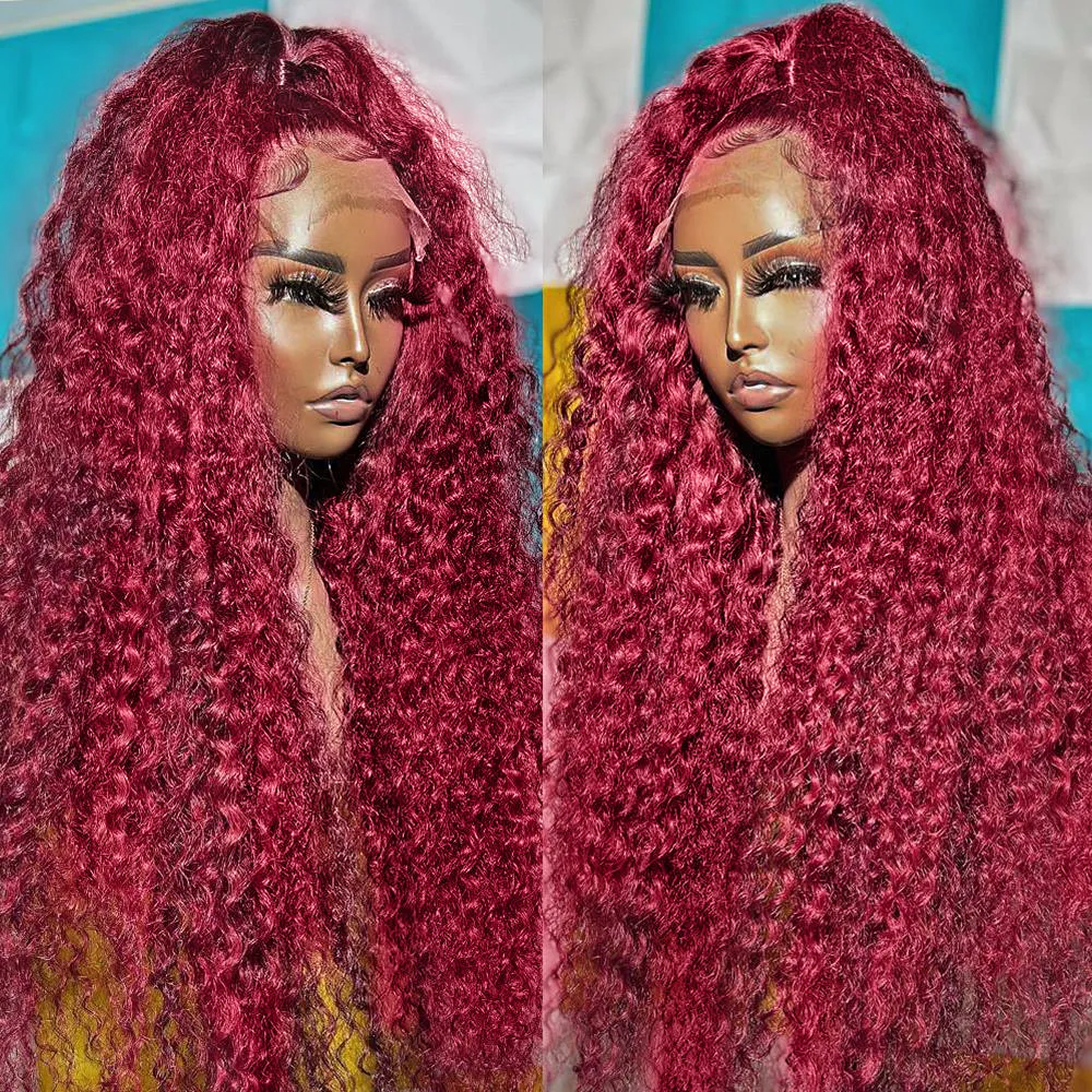 99J Burgundy Deep Wave Lace Pront Human Hair Rigs Red Brazilian Curly 13x6 HD Lace Brontal Rity 30 32 34 Inch Lace Wig