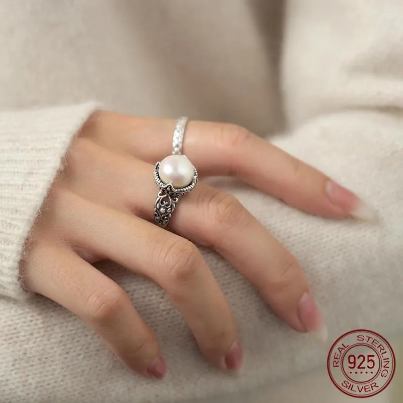 Cluster Rings La Monada Taille 52-59mm 1.2cm Perle Synthétique Argent Sterling 925 Pour Femmes Rétro Fleur Bague Fine Jewerly