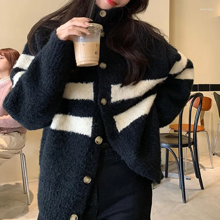 Women's Sweaters Wholesale Of Autumn And Winter Knitted Cardigans Outerwear With Thickened Striped High Neck