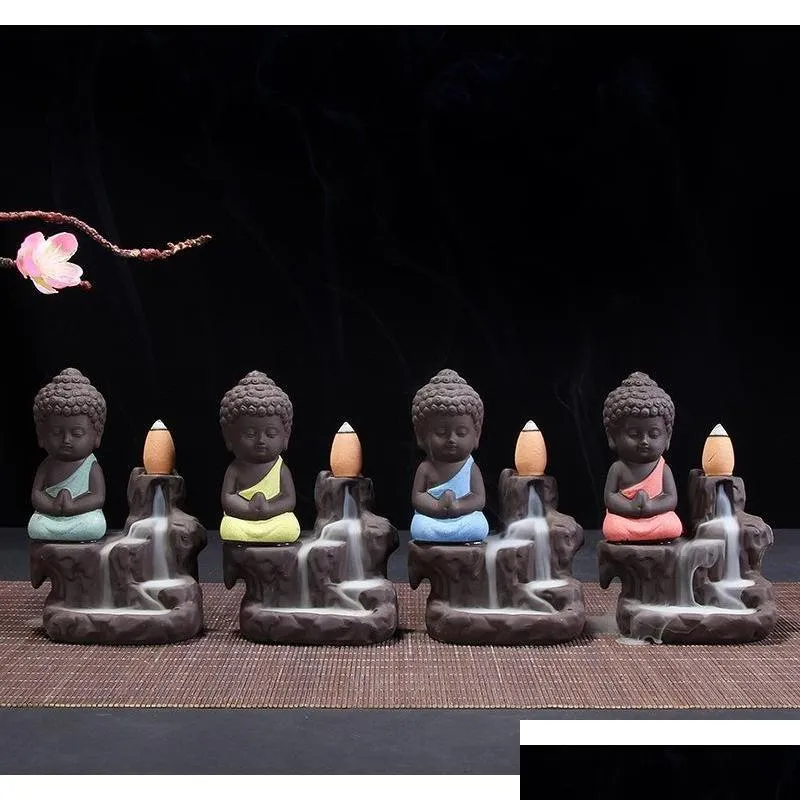 Lampes à parfum Petit Bouddha Brûleur d'encens à reflux Violet Sable Moine Encensoir Mini Céramique Originalité Ornement Montagne Eau Exqui Otloj