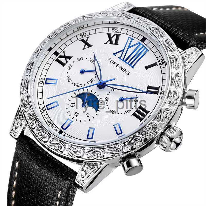 Andra bärbara enheter ForSining Watches Reloj Para Hombre Luxury Men Watches Waterproof Luminous äkta läderband Automatisk mekanisk klocka x0821