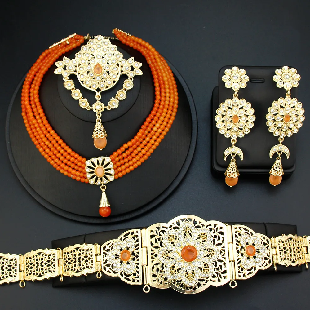 Earrings Necklace Neovisson Elegent Morocco Jewelry Sets Gold Color Waist Chain Belt Orange Crystal Choker Necklace Drop Earring Brooch Gift 230820