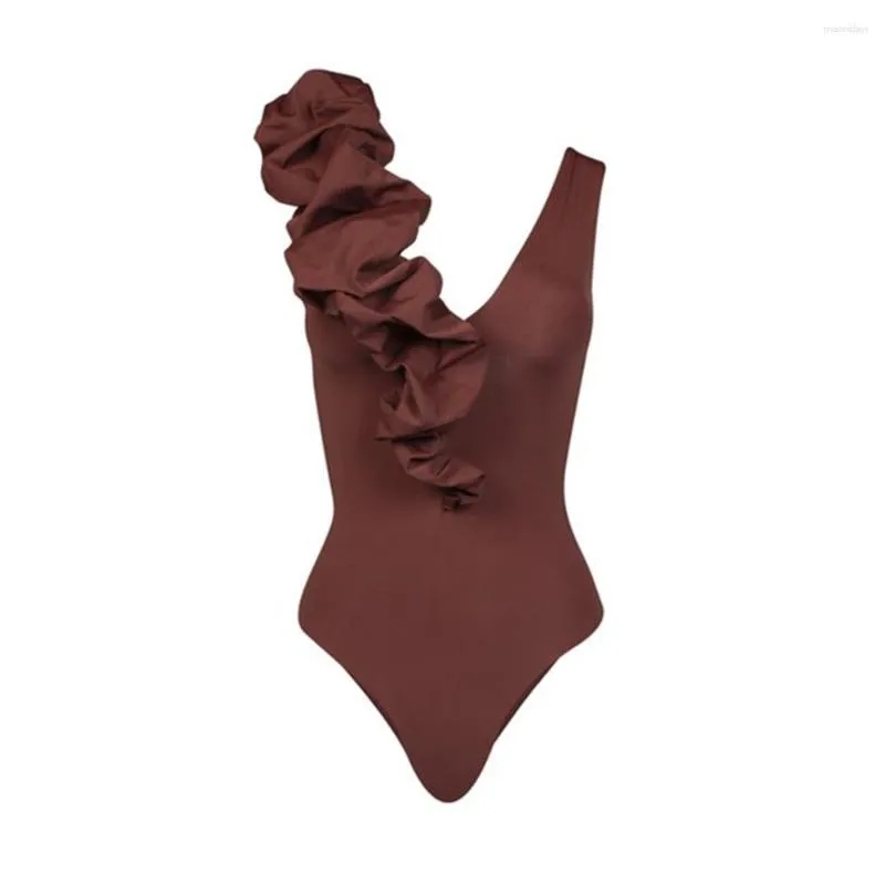 Maillot de bain femme marron foncé à volants maillot de bain une pièce Sexy col en V épaules dénudées Bikini ensemble taille haute string maillots de bain Monokini