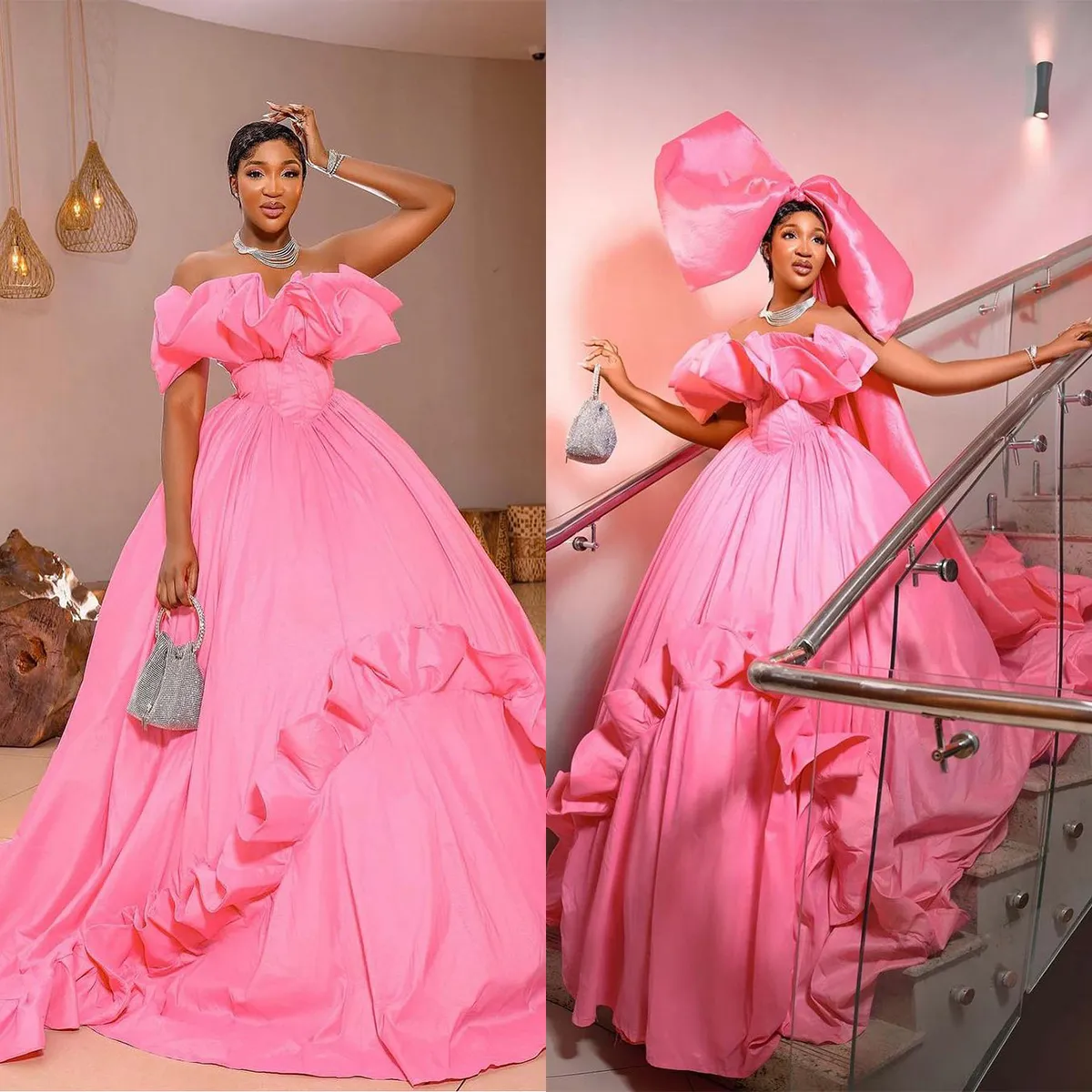 Vintage Pink African Evening Dresses Ruffles Axless A Line Party Formal Arabic Aso Ebi Luxury Birthday Prom Eccase klänning