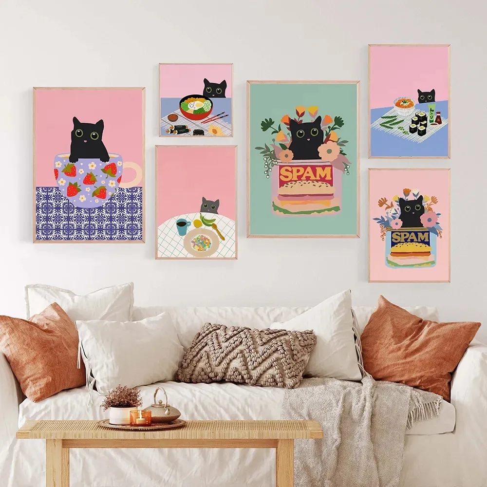 Coréen Kimchee alimentaire rue toile peinture moderne chat noir pique-nique affiche impression mur Art photo maison Pâques Kidroom cuisine décor pas de cadre Wo6