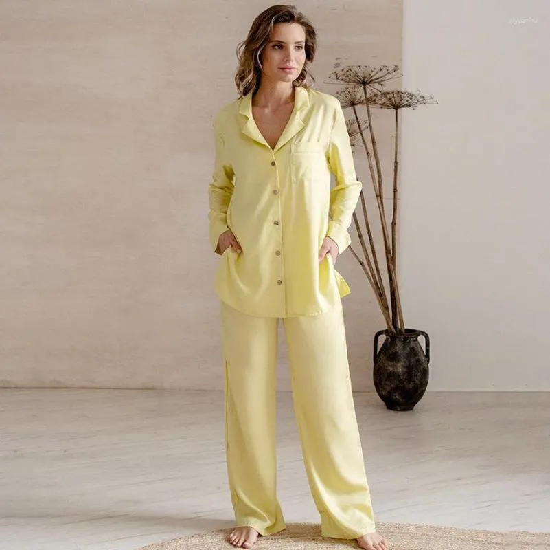 Vêtements de nuit pour femmes Pyjama ample décontracté pour femmes Vêtements de nuit Pantalon à simple boutonnage Costumes Poche 2 pièces Femme Ensemble Pyjama 2023 Printemps