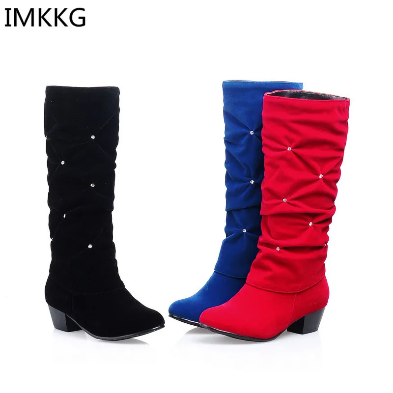 Boots Women Low Heel Mid calf Winter Fashion Round Toe Snow Party Wedding Shoes Red Black Blue 230821