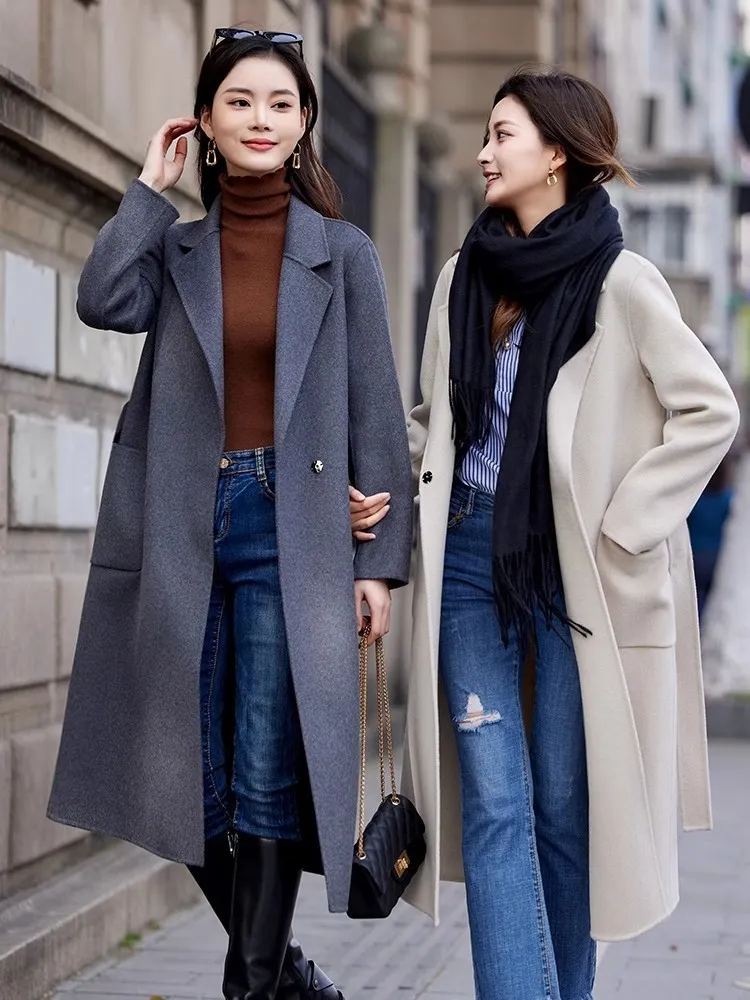 Womens Wool Blends elegante de dupla face 100%lã Coat Women Moda coreana Solid Slim Cashmere Winter Jacket Autumn 230818