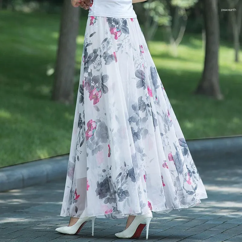 Skirts TPJB Summer Autumn High Waist Womens Elastic Full Long Skirt Print A-Line Mother Dance Swing Chiffon