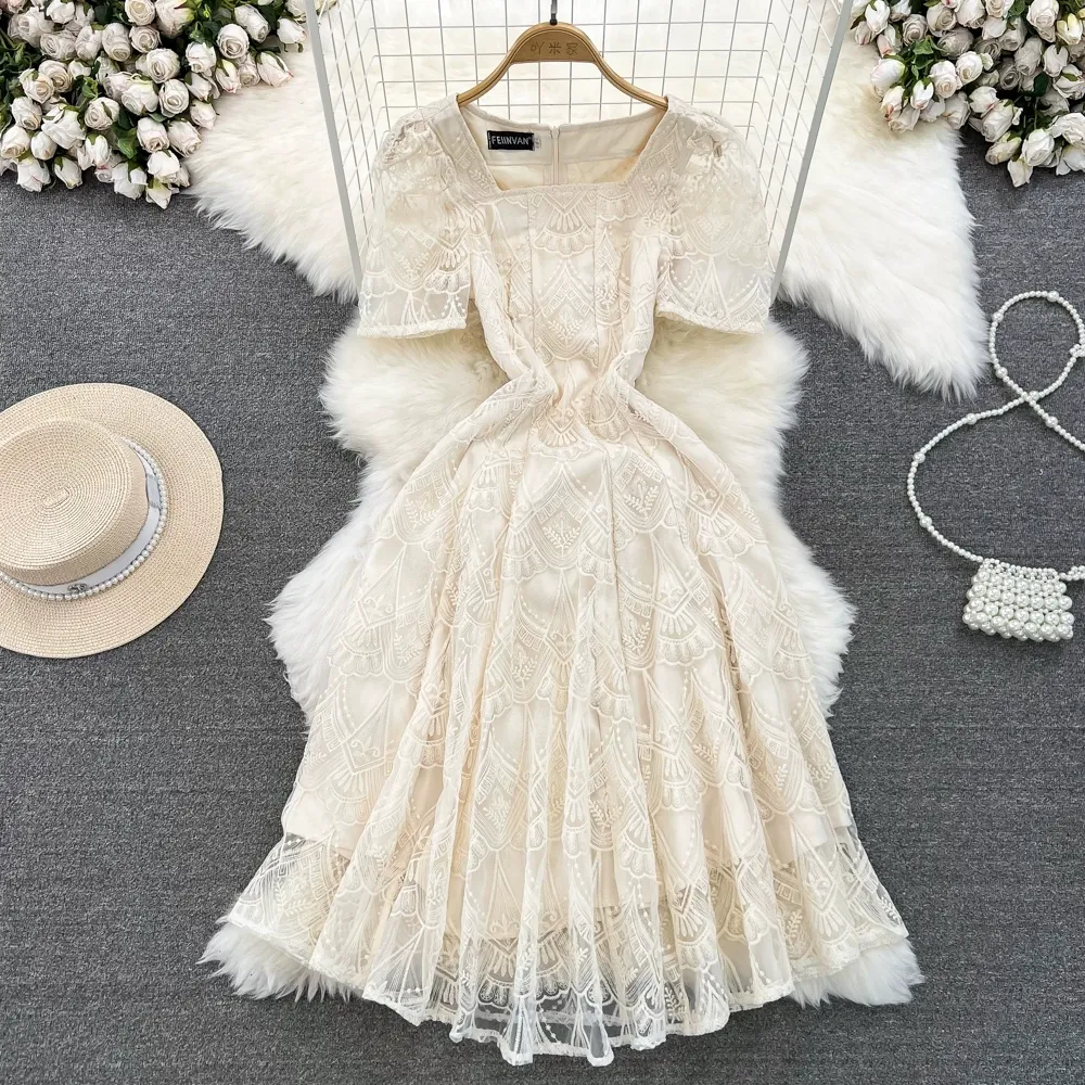 chinese dress ladies Apricot V Neck Lace Splicing Maxi Dress