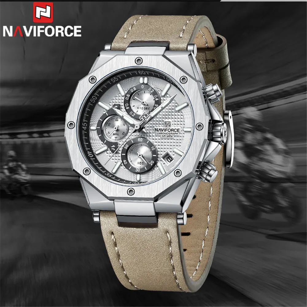 Montres-bracelets NAVIFORCE Hommes Montre Sport Homme Montre-Bracelet Top Marque De Luxe Gris Militaire Chronographe En Cuir Véritable Quartz Mâle Horloge Cadeau 8028 230820