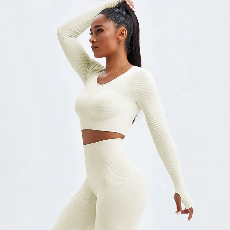 White Rib Seamless Beige Yoga Set For Women And Girls Athletic Fitness Suit  For Gym And Workout Sport Femme Activewear Set 230818 From Diao09, $18.1