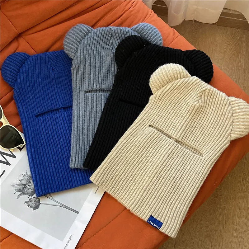 Beanieskull Caps Bear Ears Scarf OnePiece Cap WindProof Head Cover Riding Ear Protection Woolen Pullover Hat Outdoor Knitted Cotton 230821