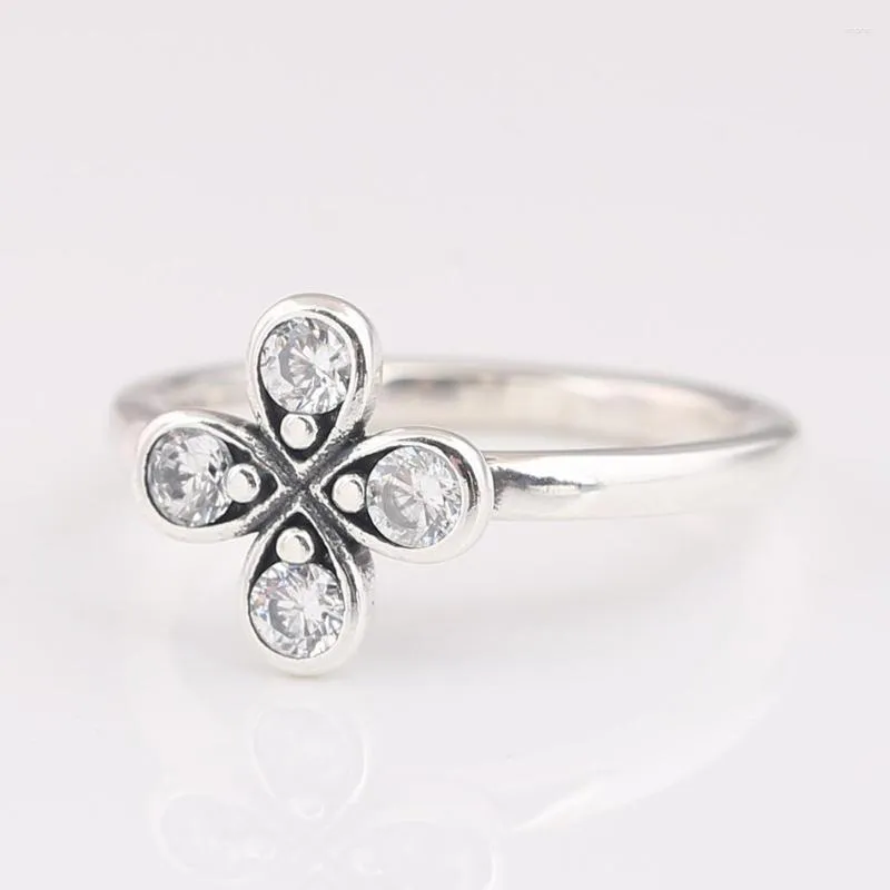 Cluster Anneaux Lucky Clover Fleur À Quatre Pétale Avec Bague En Cristal Pour Les Femmes Authentique S925 En Argent Sterling Lady Bijoux Fille Cadeau D'anniversaire