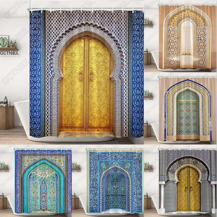 Shower Curtains Moroccan Yellow Antique Arched Doors Shower Curtains Old Vintage Wooden Door Bathroom Waterproof Fabric Bath Curtains With Hooks 230820
