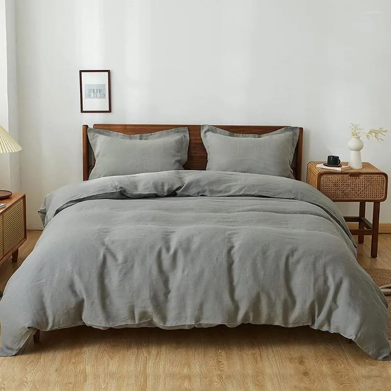 Bedding Sets Simple&Opulence Linen 3Pcs Solid King Size Set Natural French Washed Breathable Duvet Cover Bed Sheets Pillowcase