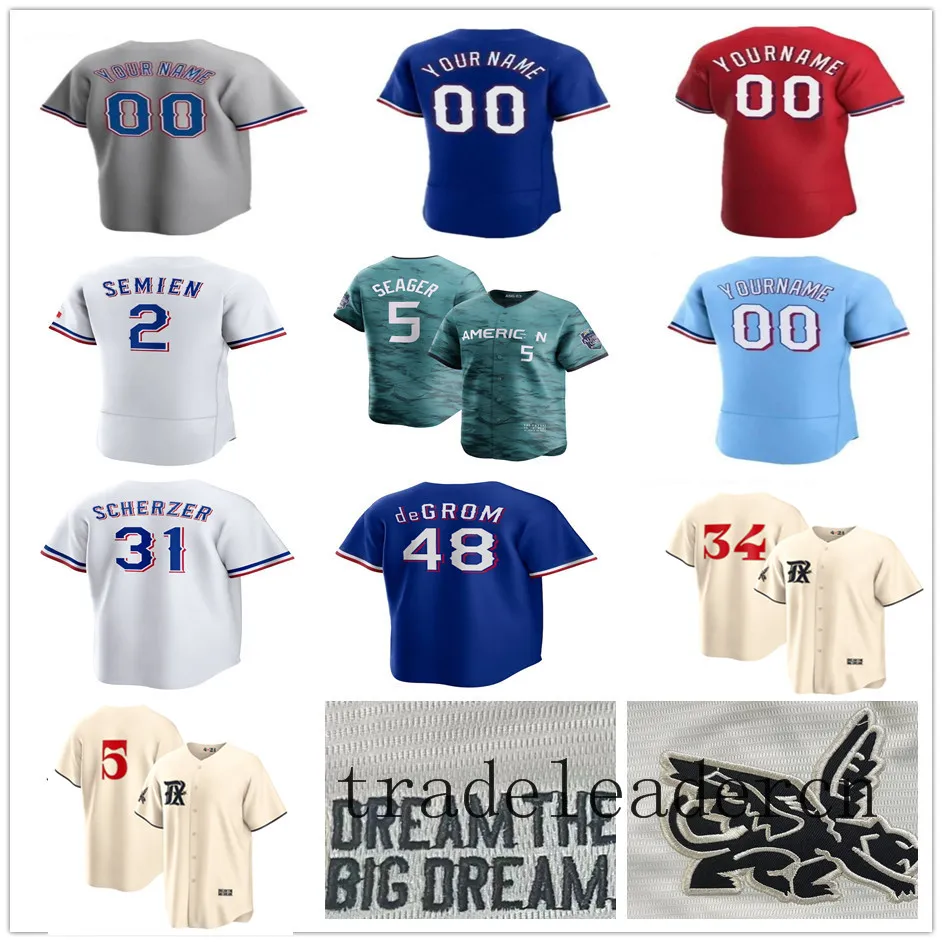 Cream stad Max Scherzer Baseball Jersey Corey Seager Jacob Degrom Marcus Semien Adolis Garcia Nolan Ryan Jonah Heim Josh Jung Montgomery Austin Hedges Men Lady Jeugd