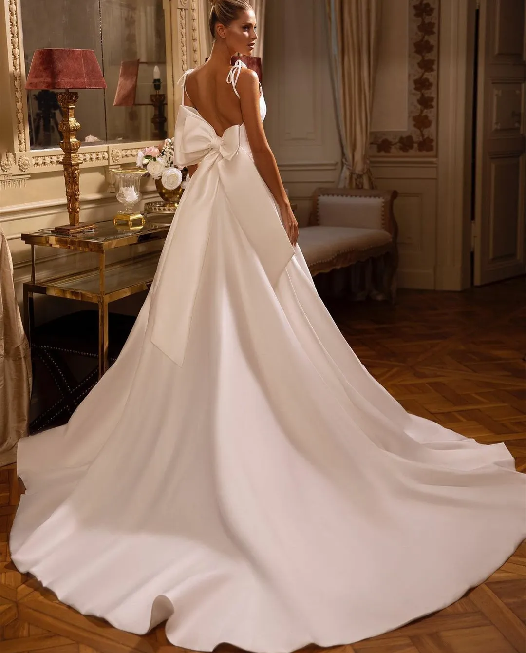Beading Bow Satin V Neck A Line Wedding Dress With Pockets Beading Bow Satin V Neck A Line Wedding Dress With Pockets