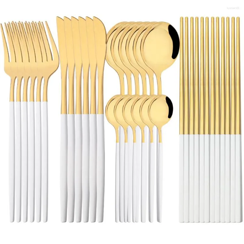 Dinnerware Define Gold Branco 30pcs Contos de talheres de faca de faca de faca conjunto de aço inoxidável pauzinhos de talheres de tabela de talheres de cozinha