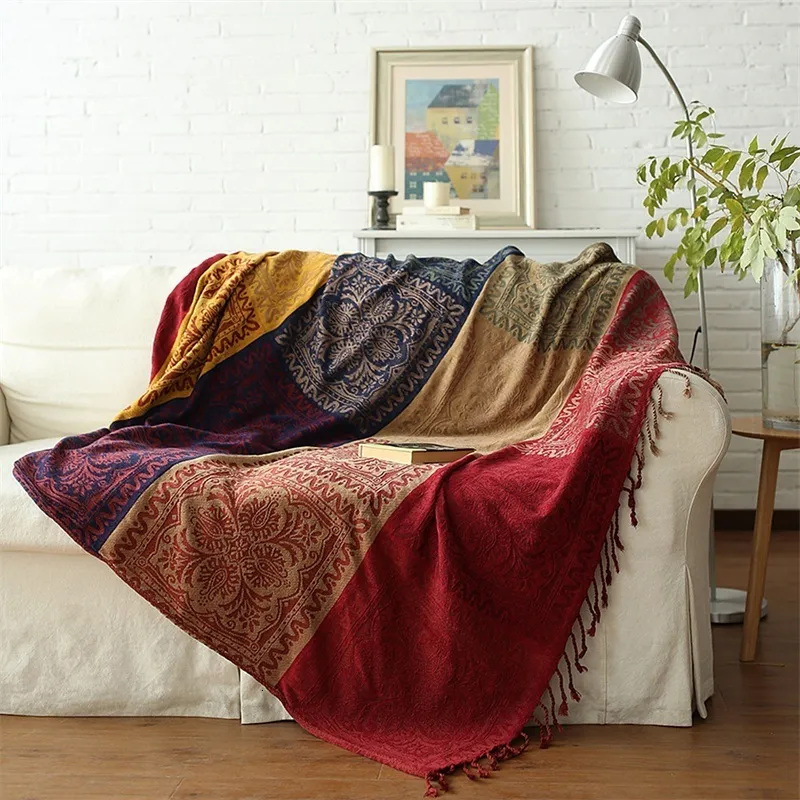 Blankets 150 x 190 cm Chenille Blankets Soft Cozy Sofa Towel Blanket with Decoration Tassel Fringe Machine Washable Ethnic Style 230818